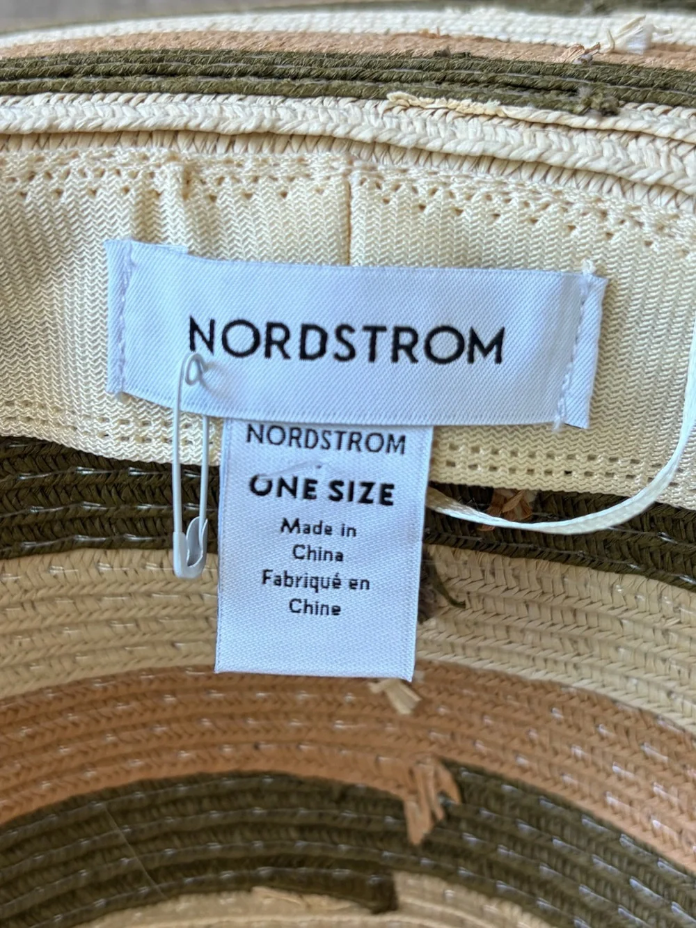 Nordstrom Olive Green Tan Cream Stripe Wide Brim Straw Sun Hat OS Earth Tones